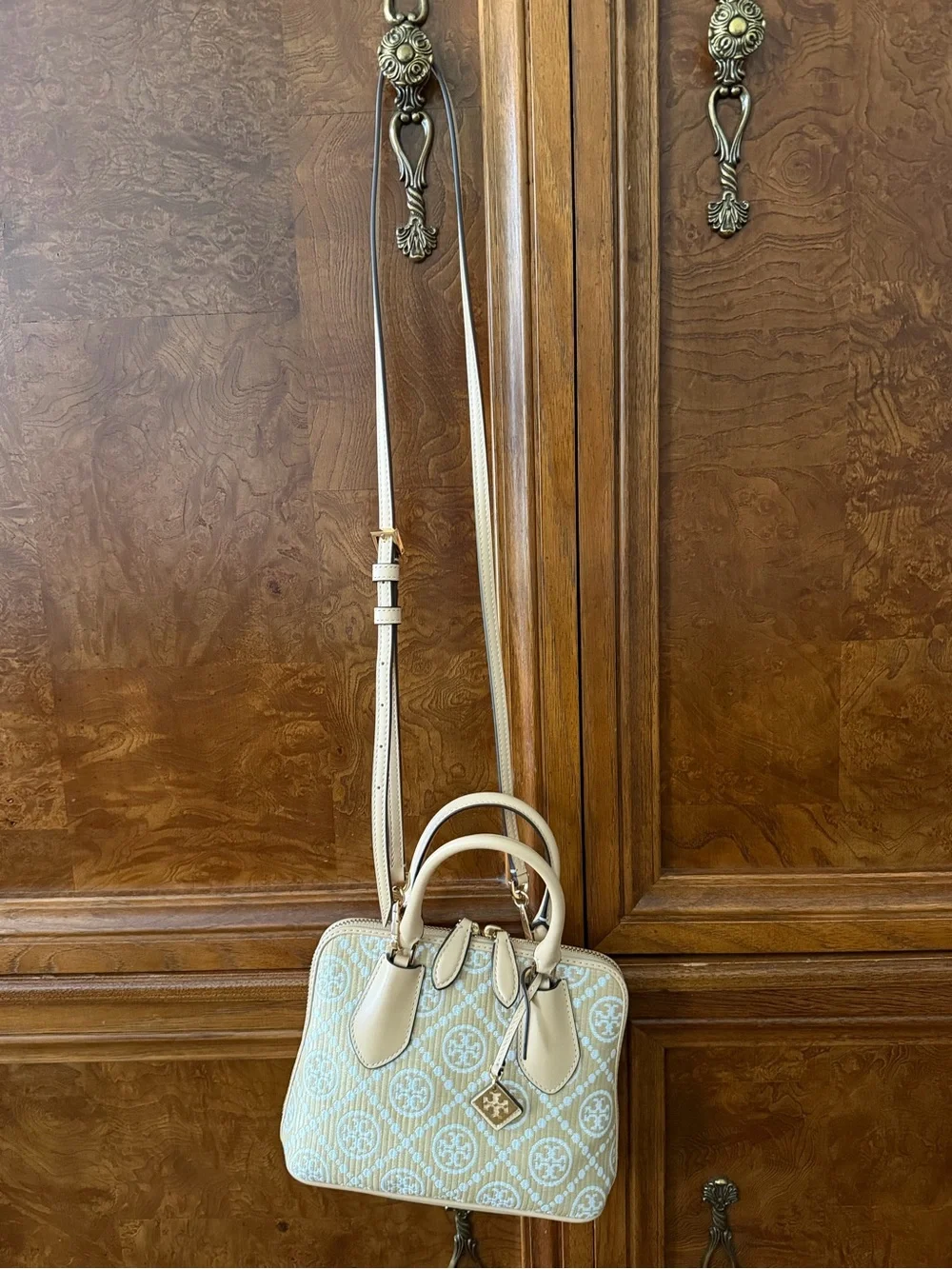Tory Burch Cream and Light Blue Quilted Logo Satchel